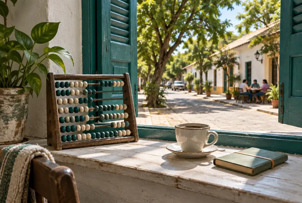Ábaco antiguo de madera con cuentas verde azulado y blancas en un alféizar junto a un café