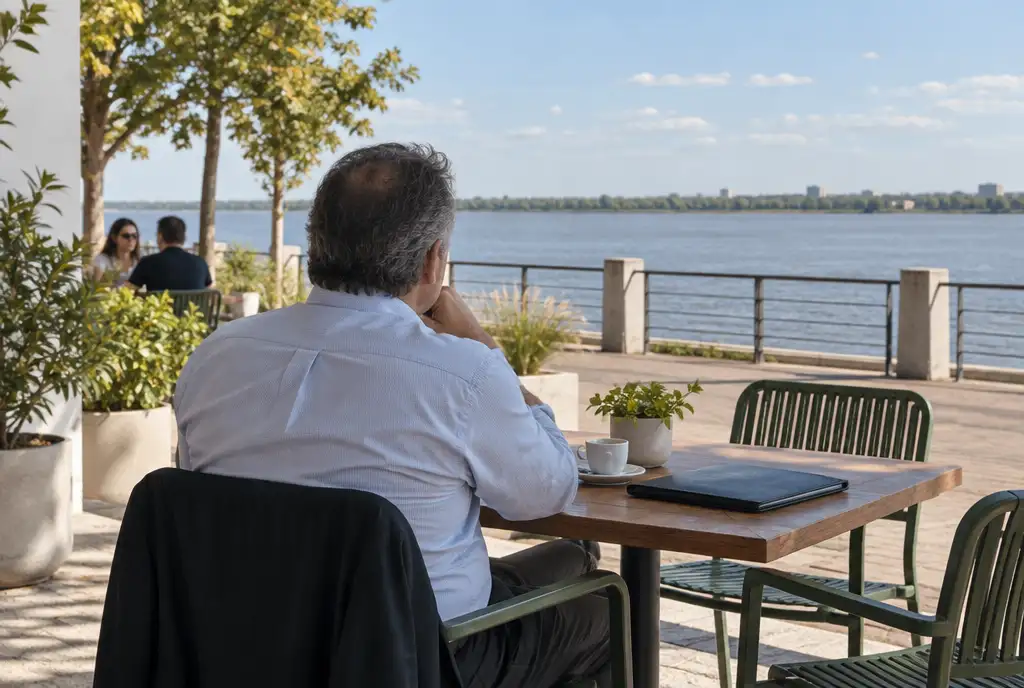Hombre argentino de espaldas en una mesa de la costanera de Encarnación mirando el río Paraná