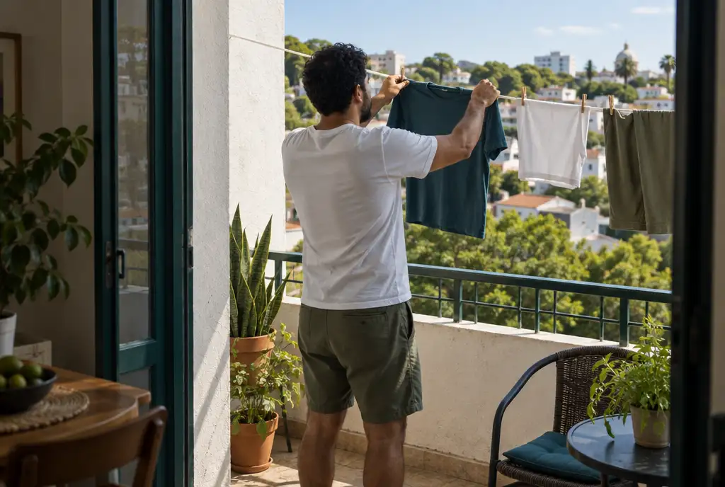 Hombre cubano de espaldas tendiendo una camisa en el balcón de un piso en Asunción