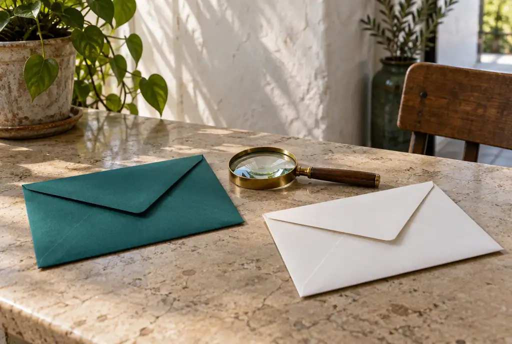 Dos sobres cerrados, verde azulado y blanco, con una lupa entre ellos sobre una mesa de piedra