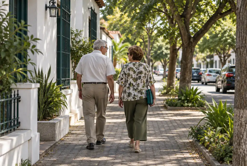 Pareja española de espaldas paseando por una calle arbolada de Asunción con una carpeta