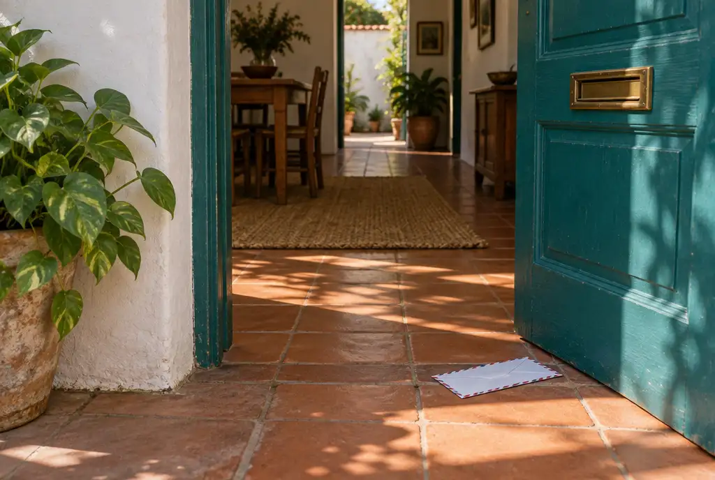 Sobre de correo aéreo en el suelo de terracota bajo la ranura de una puerta verde azulado