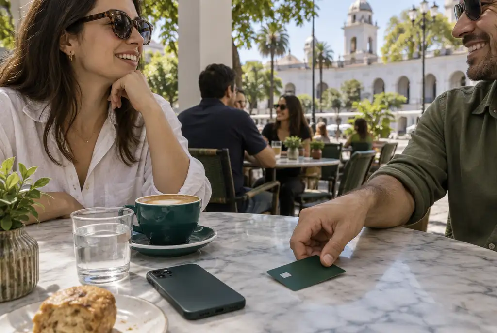 Mano dejando una tarjeta bancaria nueva boca abajo junto a una taza verde azulado