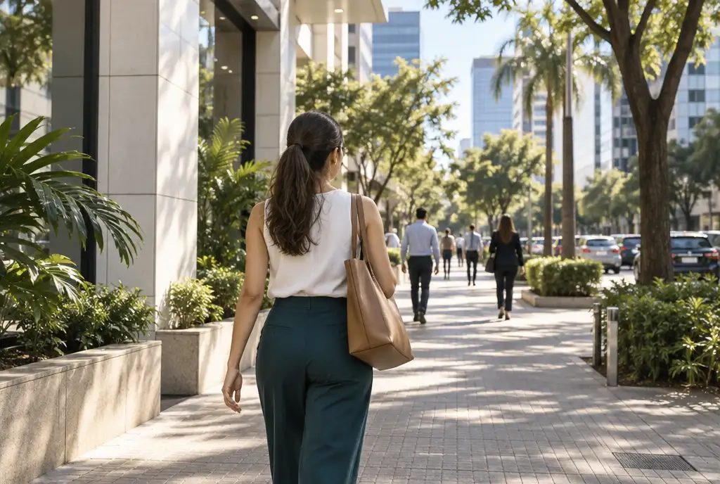 Mujer joven de espaldas caminando al trabajo por una avenida arbolada de Asunción