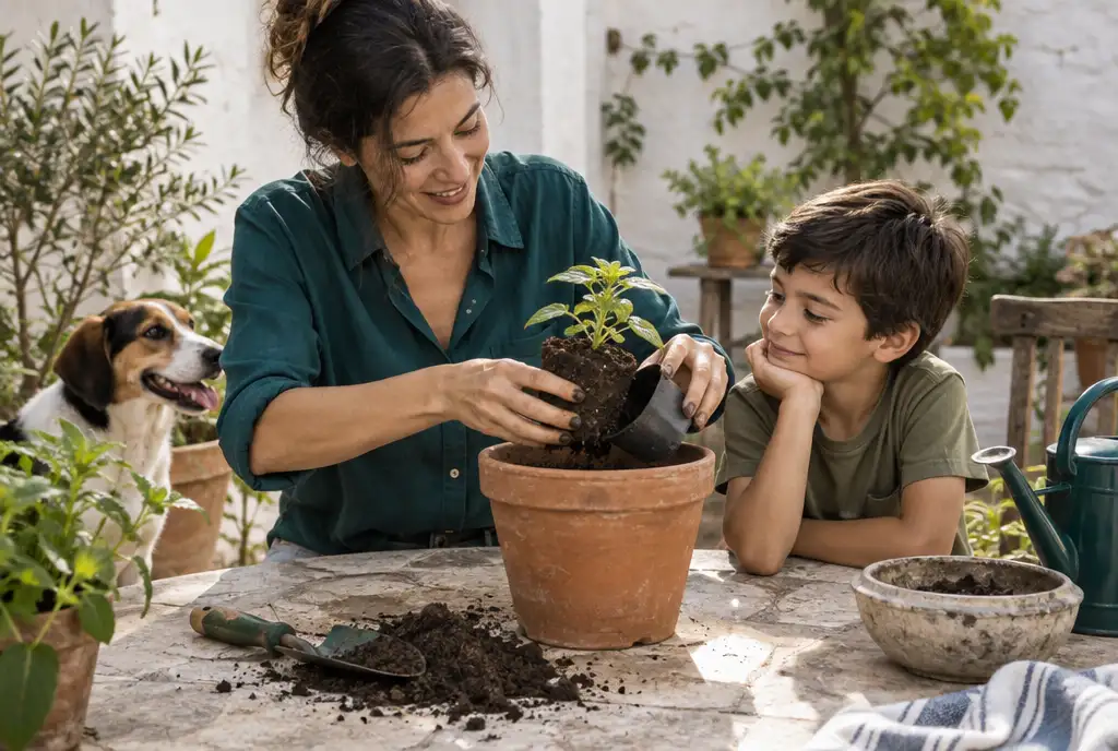 Manos trasplantando un plantón de una maceta pequeña a una de barro más grande
