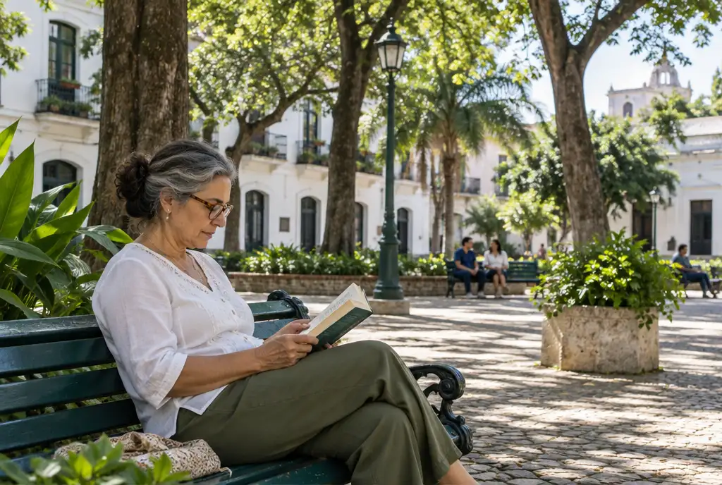 Mujer uruguaya de perfil leyendo en un banco bajo árboles altos en una plaza de Asunción