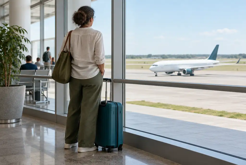 Mujer de espaldas ante el ventanal de un aeropuerto mirando un avión, con una maleta de cabina