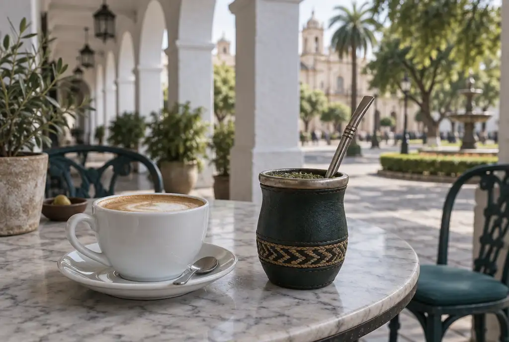 Un café con leche y una guampa de tereré lado a lado sobre una mesa de mármol bajo una galería colonial