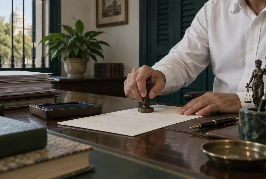 Escribano estampando un sello sobre un documento en un escritorio de una escribanía de Asunción