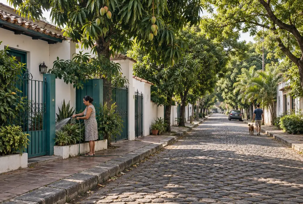 Calle residencial arbolada de Asunción con casas encaladas, portones verde azulado y una vecina regando plantas