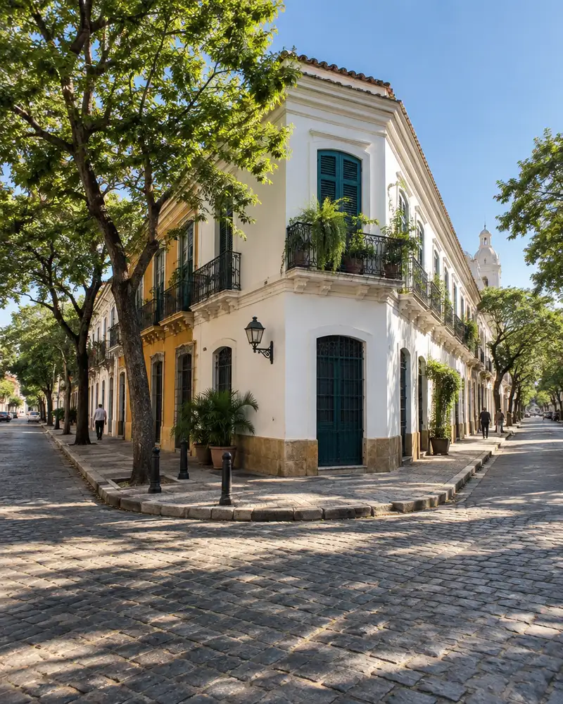 Esquina soleada del centro histórico de Asunción con fachadas coloniales encaladas y postigos verde azulado