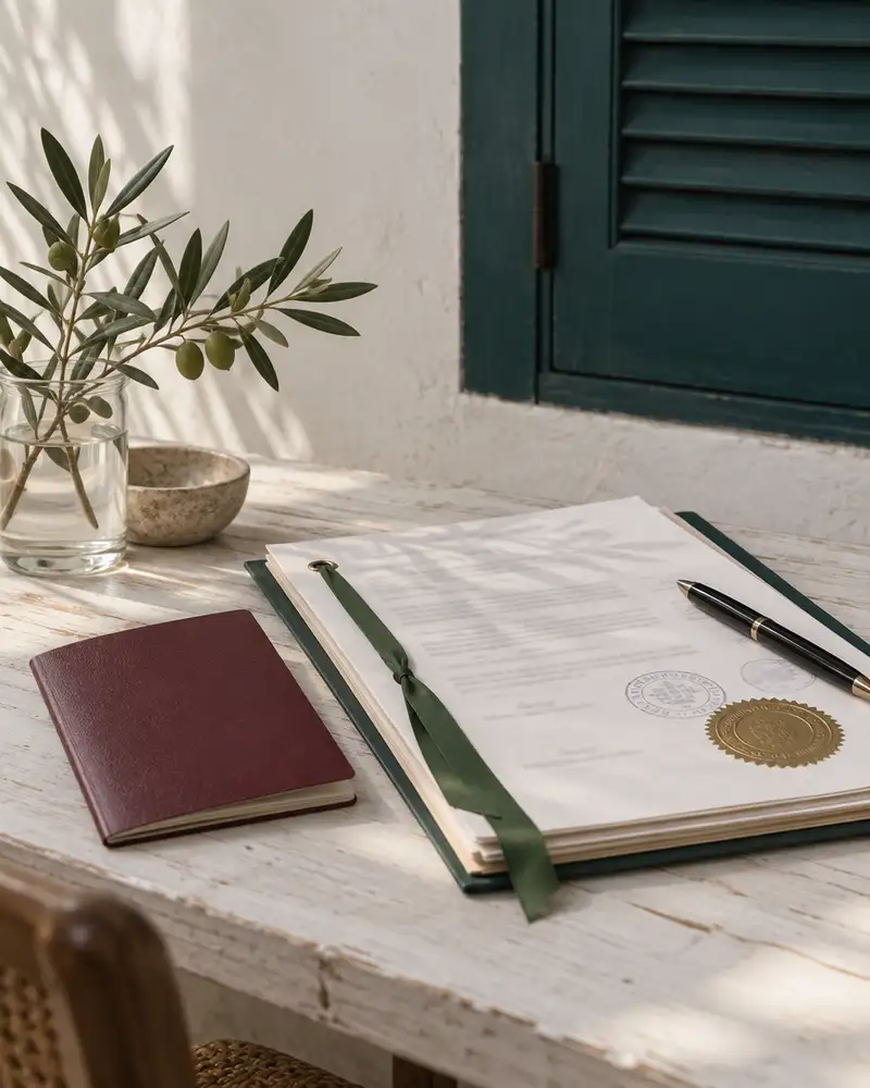 Pasaporte granate y una carpeta de documentos apostillados con cinta verde sobre una mesa encalada