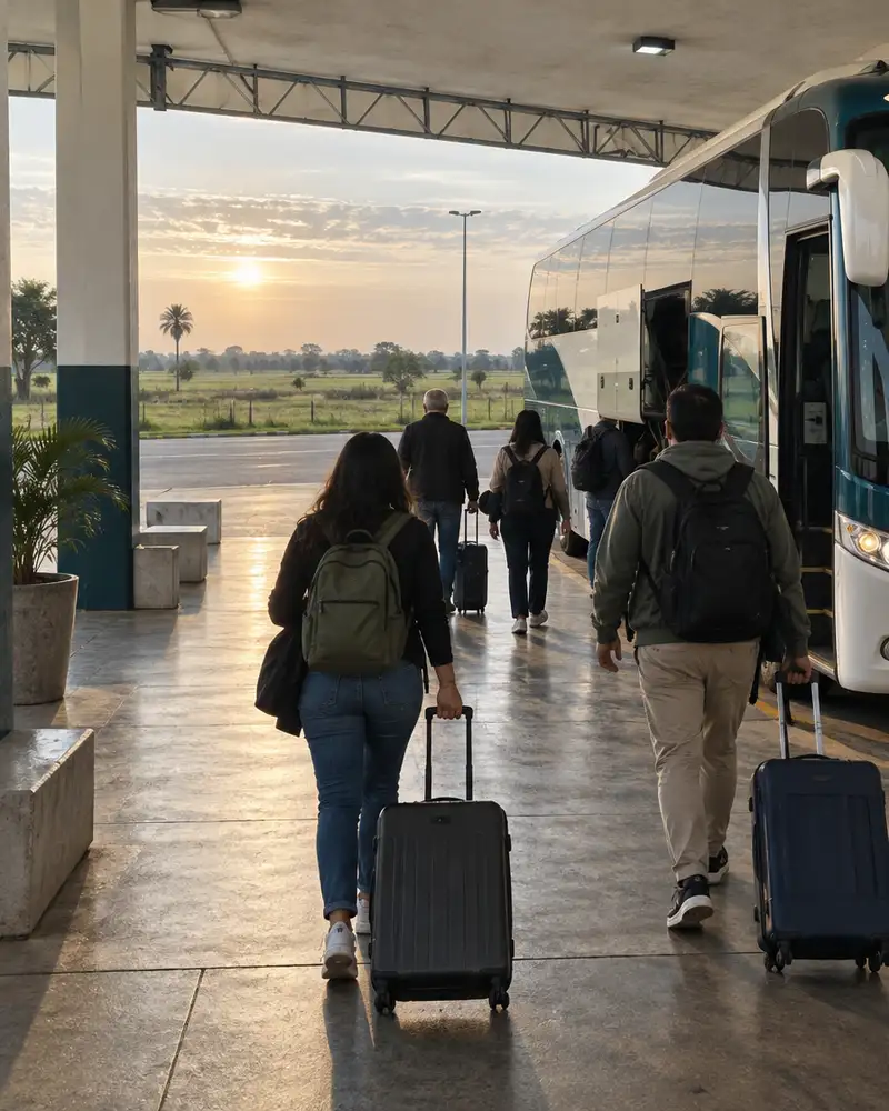 Viajeros con maletas caminan hacia un ómnibus de larga distancia en una terminal de Paraguay